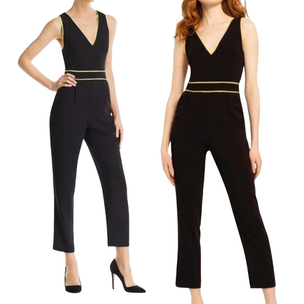 Alice + Olivia Jeri Jumpsuit Neon Striped V Neck Sleeveless Black Lime Green 0